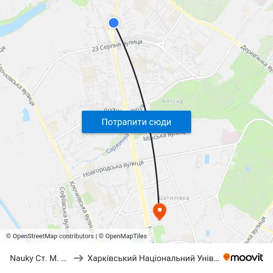Nauky Ст. М. 23-Го Августа to Харківський Національний Університет Радіоелектроніки map