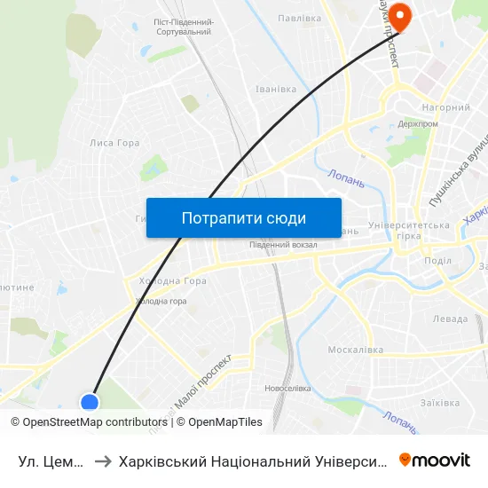 Ул. Цементная to Харківський Національний Університет Радіоелектроніки map