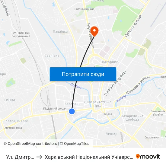 Ул. Дмитриевская to Харківський Національний Університет Радіоелектроніки map
