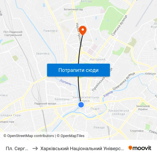 Пл. Сергиевская to Харківський Національний Університет Радіоелектроніки map