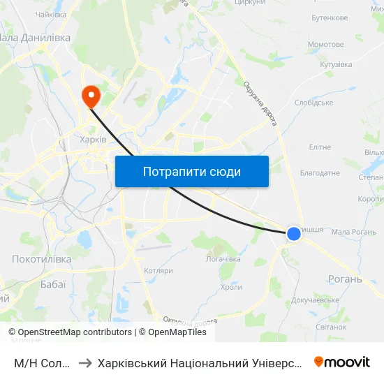 М/Н Солнечный to Харківський Національний Університет Радіоелектроніки map