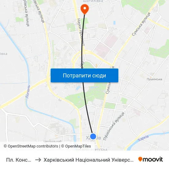 Пл. Конституции to Харківський Національний Університет Радіоелектроніки map