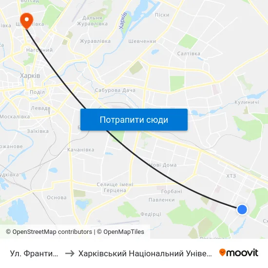 Ул. Франтишка Крала to Харківський Національний Університет Радіоелектроніки map