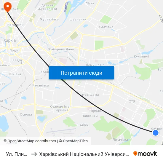 Ул. Плиточная to Харківський Національний Університет Радіоелектроніки map