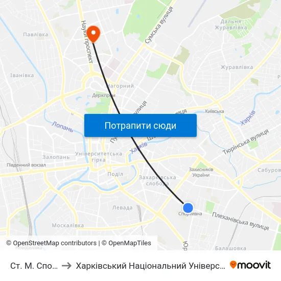 Ст. М. Спортивная to Харківський Національний Університет Радіоелектроніки map