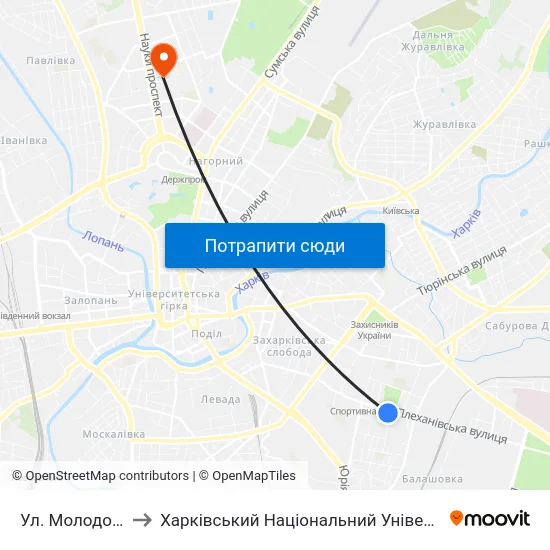 Ул. Молодой Гвардии to Харківський Національний Університет Радіоелектроніки map