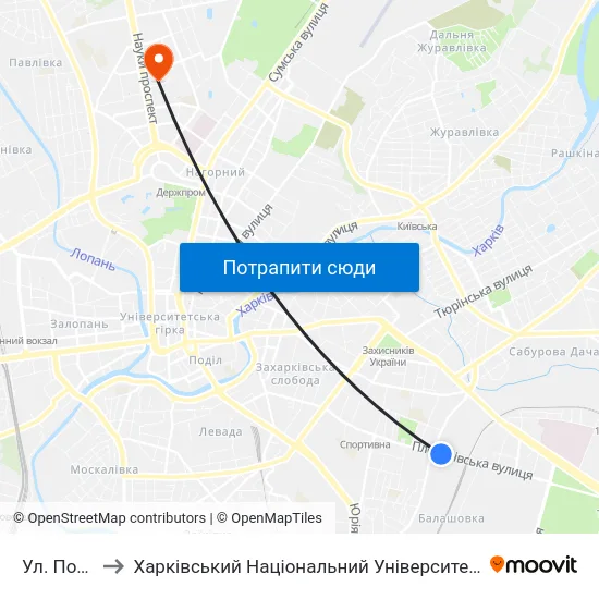 Ул. Полевая to Харківський Національний Університет Радіоелектроніки map