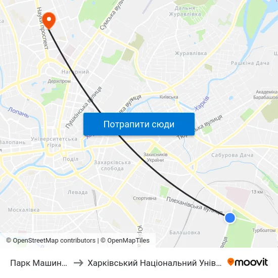 Парк Машиностроителей to Харківський Національний Університет Радіоелектроніки map