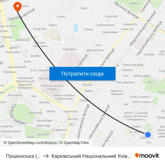 Пушкінська (Pushkinska) to Харківський Національний Університет Радіоелектроніки map