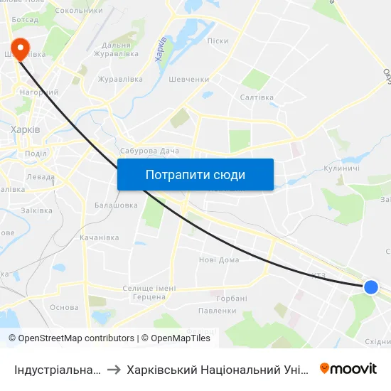 Індустріальна (Industrialna) to Харківський Національний Університет Радіоелектроніки map