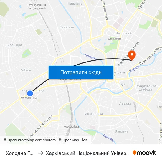 Холодна Гора (Kholodna Hora) to Харківський Національний Університет Міського Господарства Імені О. М. Бекетова map