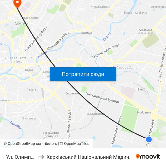 Ул. Олимпийская to Харківський Національний Медичний Університет map