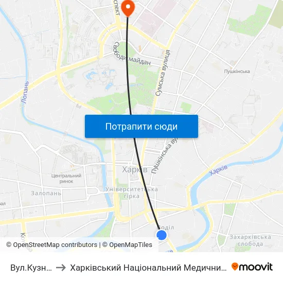 Вул.Кузнечна to Харківський Національний Медичний Університет map