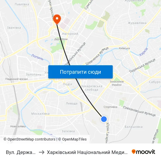 Вул. Державінська to Харківський Національний Медичний Університет map