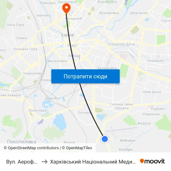 Вул. Аерофлотська to Харківський Національний Медичний Університет map