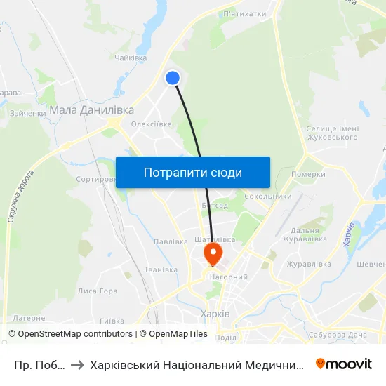 Пр. Победы to Харківський Національний Медичний Університет map
