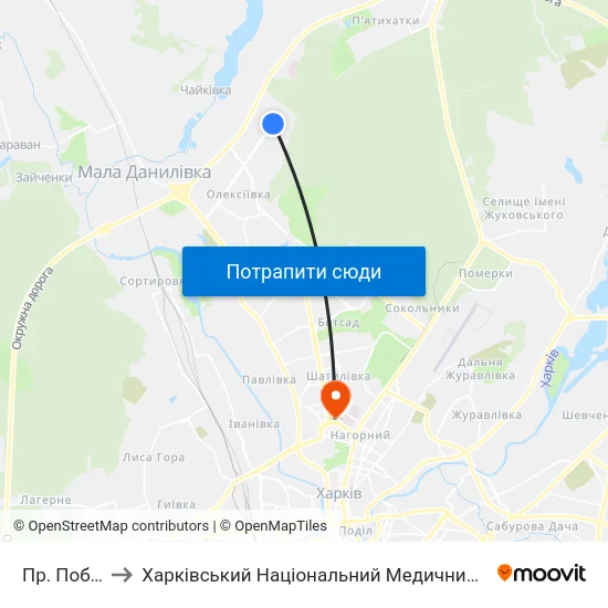 Пр. Победы to Харківський Національний Медичний Університет map