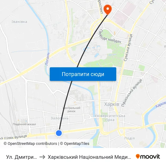 Ул. Дмитриевская to Харківський Національний Медичний Університет map