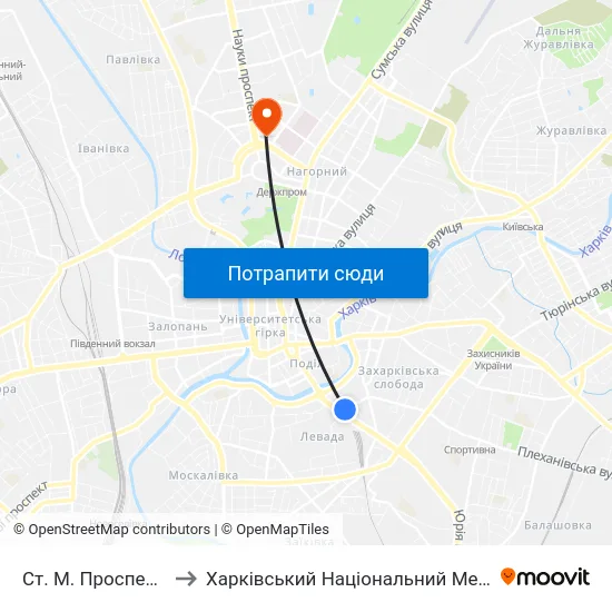 Ст. М. Проспект Гагарина to Харківський Національний Медичний Університет map