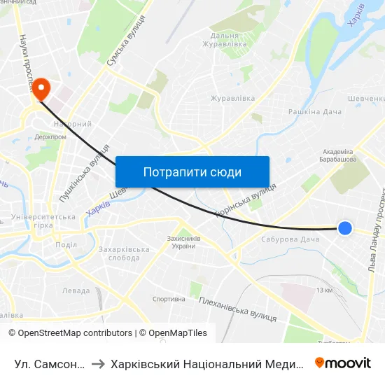 Ул. Самсоновская to Харківський Національний Медичний Університет map