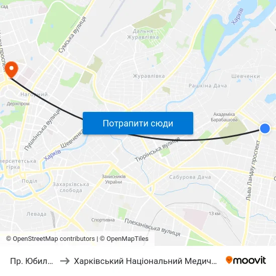 Пр. Юбилейный to Харківський Національний Медичний Університет map