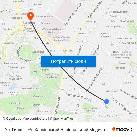 Ул. Гиршмана to Харківський Національний Медичний Університет map