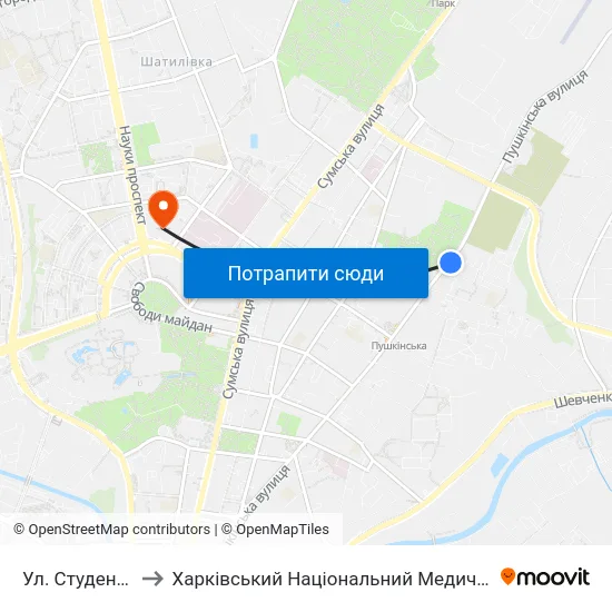 Ул. Студенческая to Харківський Національний Медичний Університет map