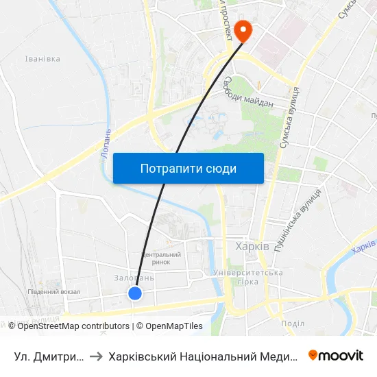 Ул. Дмитриевская to Харківський Національний Медичний Університет map