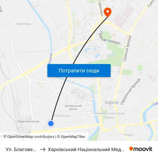 Ул. Благовещенская to Харківський Національний Медичний Університет map