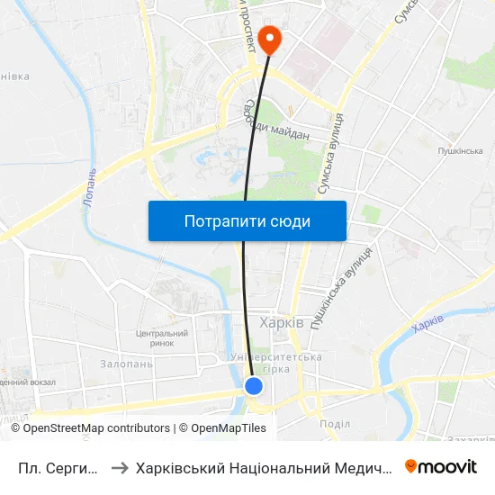 Пл. Сергиевская to Харківський Національний Медичний Університет map
