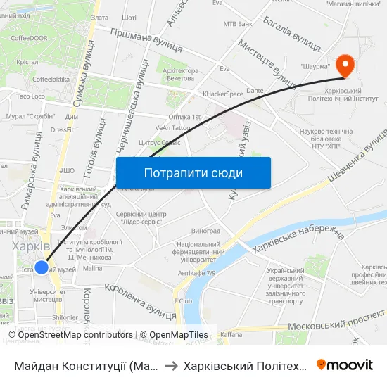 Майдан Конституції (Maidan Konstytutsii) to Харківський Політехнічний Інститут map