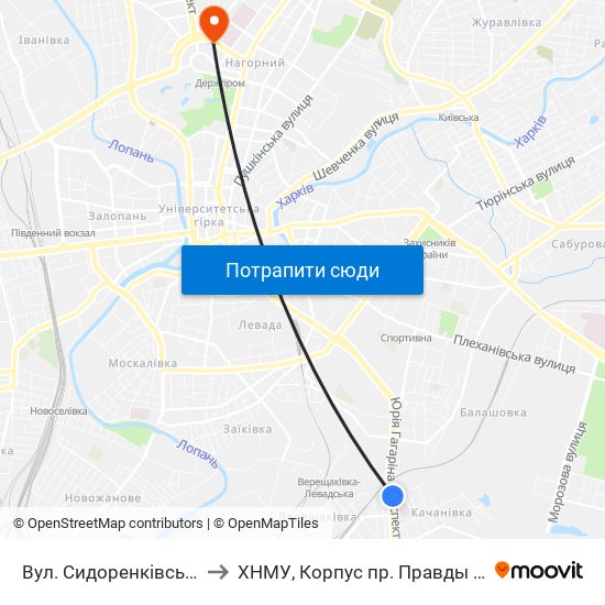 Вул. Сидоренкiвська to ХНМУ, Корпус пр. Правды 12 map