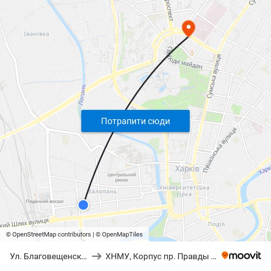 Ул. Благовещенская to ХНМУ, Корпус пр. Правды 12 map