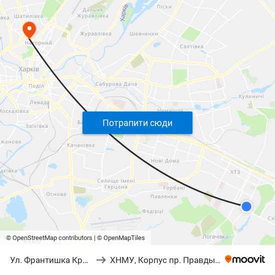 Ул. Франтишка Крала to ХНМУ, Корпус пр. Правды 12 map