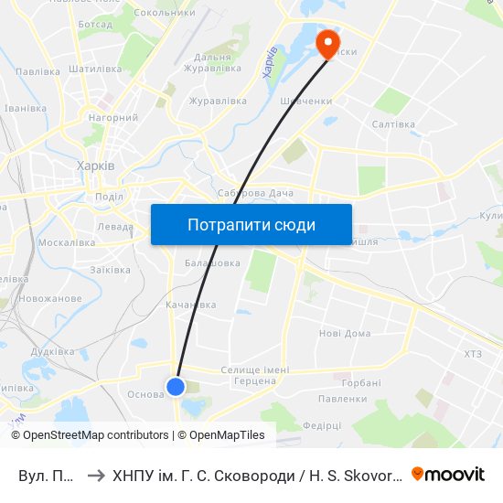 Вул. Пильчикова to ХНПУ ім. Г. С. Сковороди / H. S. Skovoroda Kharkiv National Pedagogical University map