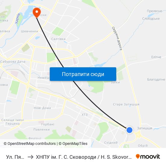 Ул. Пятихатская to ХНПУ ім. Г. С. Сковороди / H. S. Skovoroda Kharkiv National Pedagogical University map