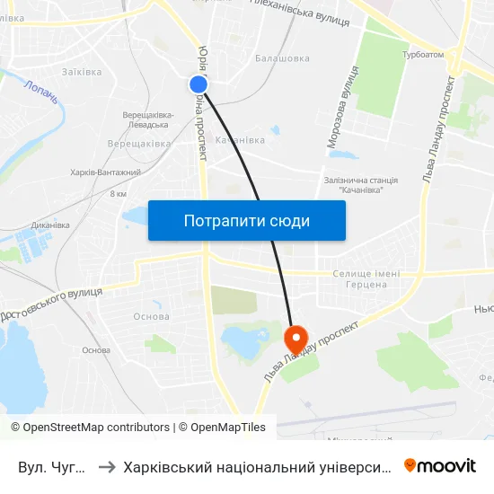 Вул. Чугуївська to Харківський національний університет внутрішніх справ map