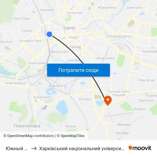 Южный Вокзал to Харківський національний університет внутрішніх справ map