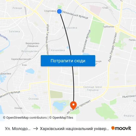 Ул. Молодой Гвардии to Харківський національний університет внутрішніх справ map
