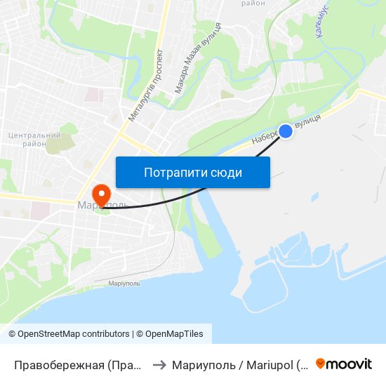 Правобережная (Правобережна) to Мариуполь / Mariupol (Маріуполь) map