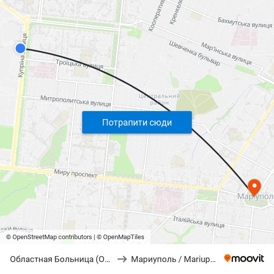 Областная Больница (Обласна Лікарня) to Мариуполь / Mariupol (Маріуполь) map