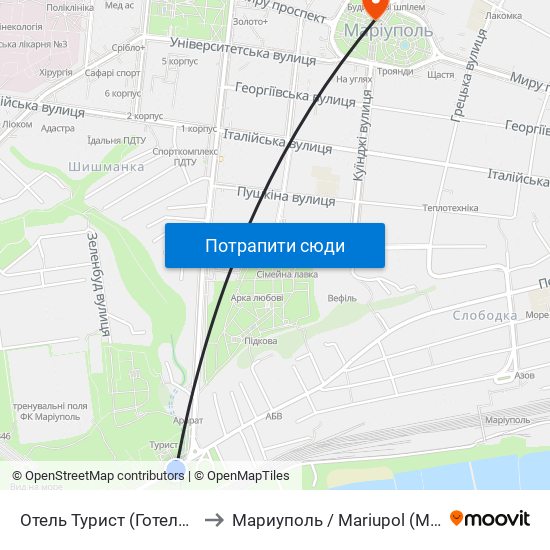 Отель Турист (Готель Турист) to Мариуполь / Mariupol (Маріуполь) map