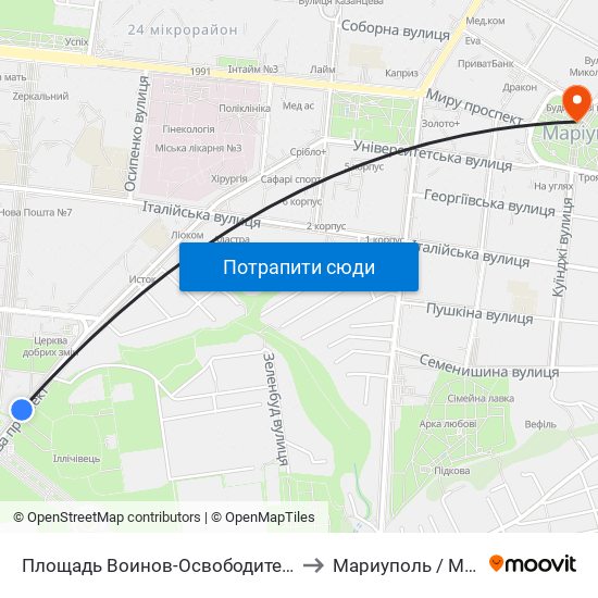 Площадь Воинов-Освободителей (Площа Воїнів-Визволителів) to Мариуполь / Mariupol (Маріуполь) map