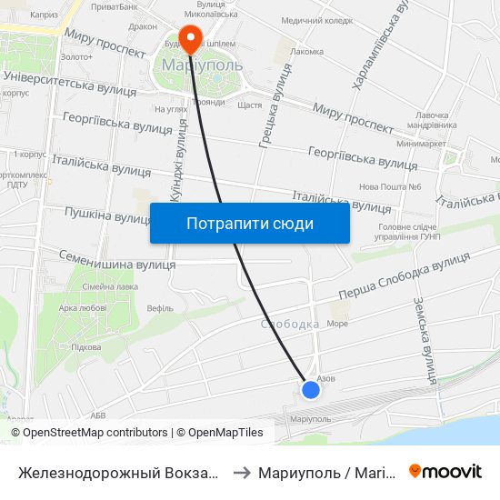 Железнодорожный Вокзал (Залізничний Вокзал) to Мариуполь / Mariupol (Маріуполь) map