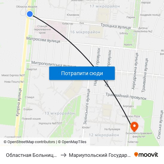 Областная Больница (Обласна Лікарня) to Мариупольский Государственный Университет map