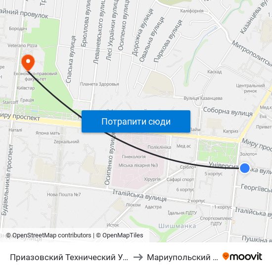 Приазовский Технический Университет (Приазовський Технічний Університет) to Мариупольский Государственный Университет map