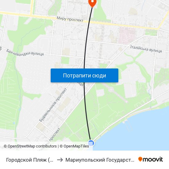 Городской Пляж (Міський Пляж) to Мариупольский Государственный Университет map