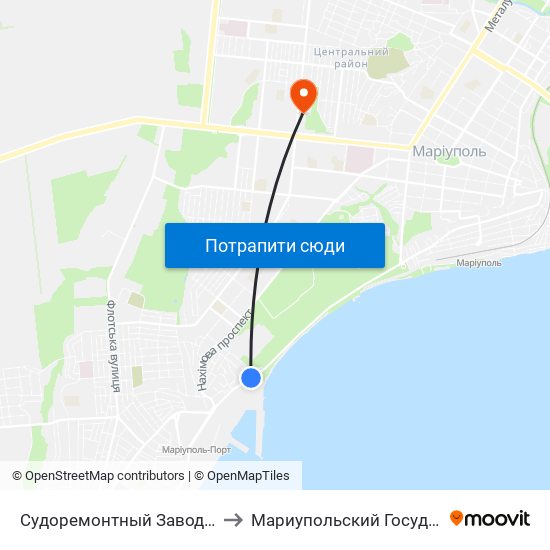 Судоремонтный Завод (Судноремонтний Завод) to Мариупольский Государственный Университет map