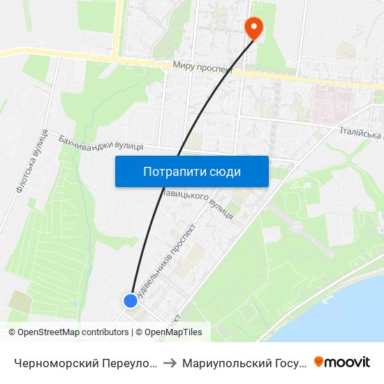 Черноморский Переулок (Чорноморський Провулок) to Мариупольский Государственный Университет map