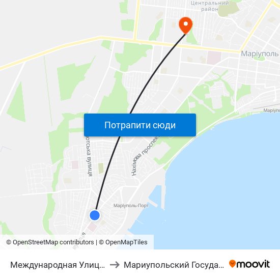 Международная Улица (Міжнародна Вулиця) to Мариупольский Государственный Университет map